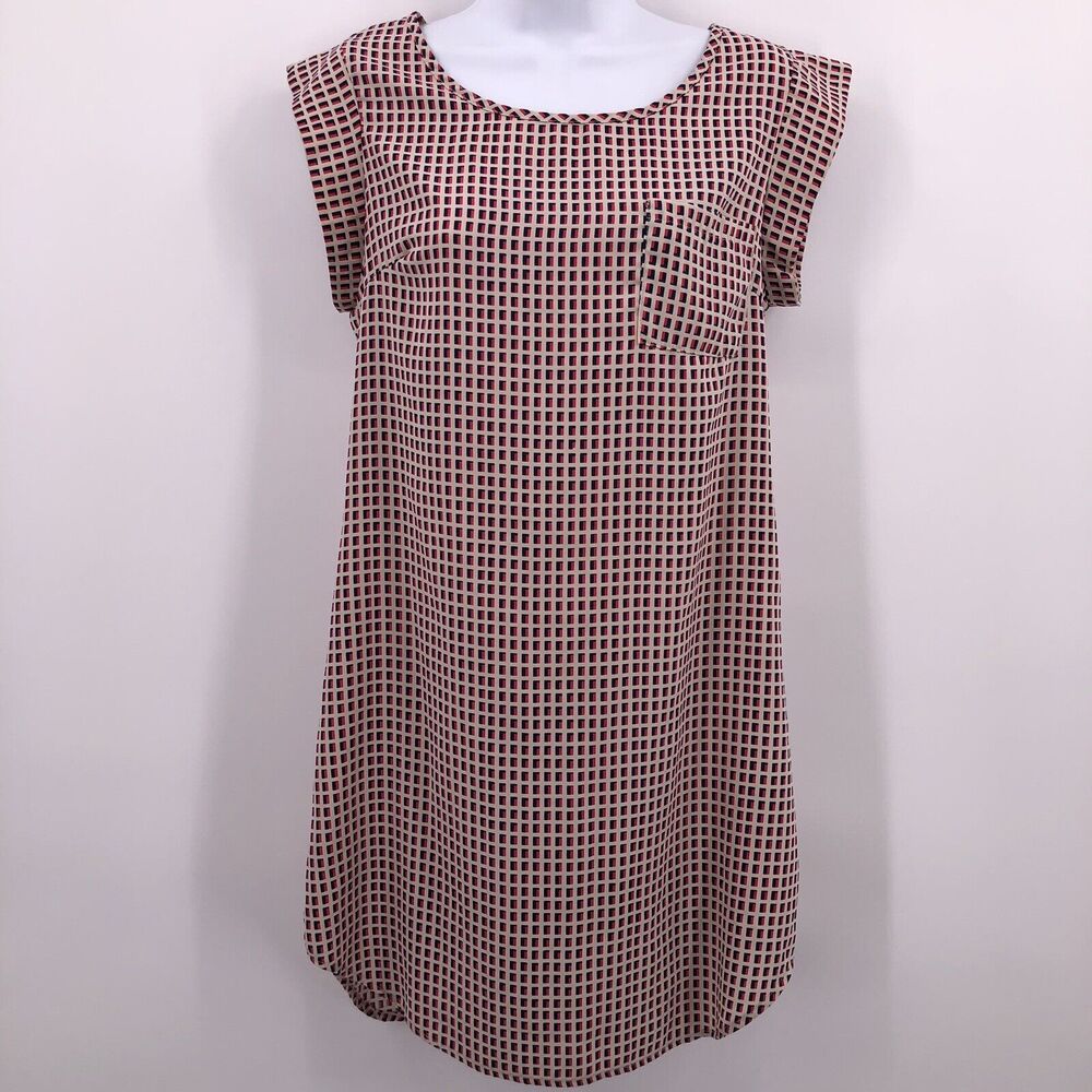Ezra Sz XS S Casual Dress Geometric Squares Lightweight Silky Tan Red Black